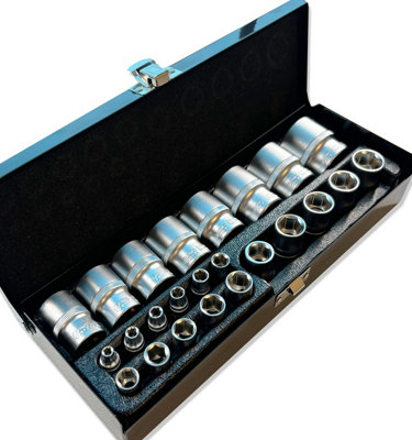 Autojack 24 Piece 1/2" and 1/4" Square Drive Socket Set, Chrome Vanadium Steel 6 Point Sockets Include Metal Storage Case