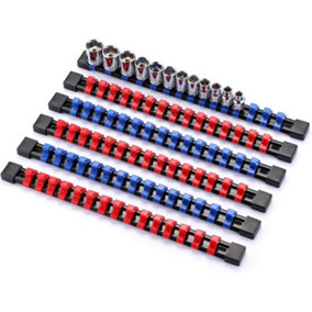 Autojack 6 Piece 3/8" Drive Socket Organizer Rails, SAE and Metric Socket Holder Rail, Red & Blue 1/4" 3/8" 1/2"