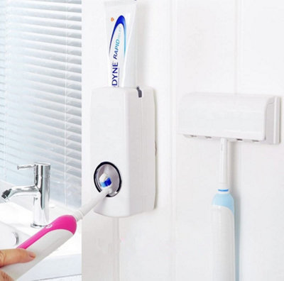 Automatic Toothpaste Dispenser + 5 Toothbrush Holder Stand Wall Mounted ...