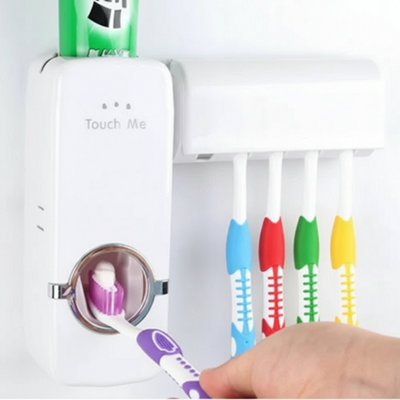 Automatic Toothpaste Dispenser Toothbrush Holder Wall Mounted White