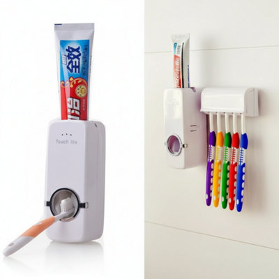 Automatic Toothpaste Dispenser Toothbrush Holder Wall Mounted White