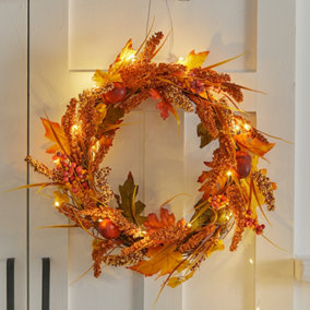 Autumn Golden Sorghum Wreath Door Harvest Wreath Decoration with LED Lights 50 cm