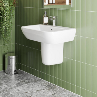 Aveli 1 Tap Hole Wash Basin Sink Semi Pedestal Bathroom Square Ceramic White Gloss