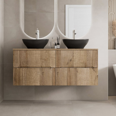 Aveli 1200mm Oak Vanity Unit Double Black Oval Basin Wall Hung Fluted ...