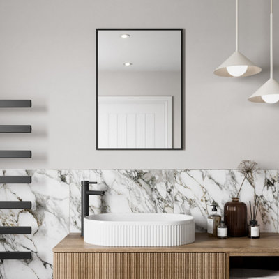 Aveli 700 x 500mm Black Wall Mounted Bathroom Mirror Framed Rectangular Modern Glass