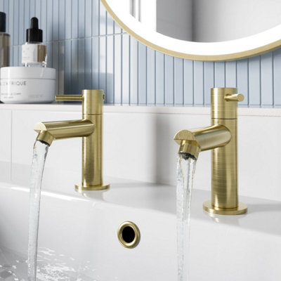 Aveli Basin Sink Pillar Tap Pair Round Single Lever Taps Brushed Brass