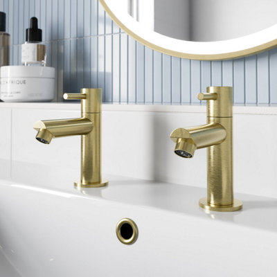 Aveli Basin Sink Pillar Tap Pair Round Single Lever Taps Brushed Brass