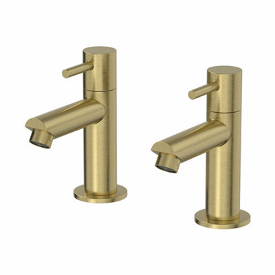 Aveli Basin Sink Pillar Tap Pair Round Single Lever Taps Brushed Brass