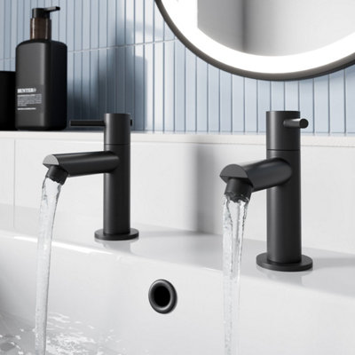 Aveli Basin Sink Pillar Tap Pair Round Single Lever Taps Matt Black