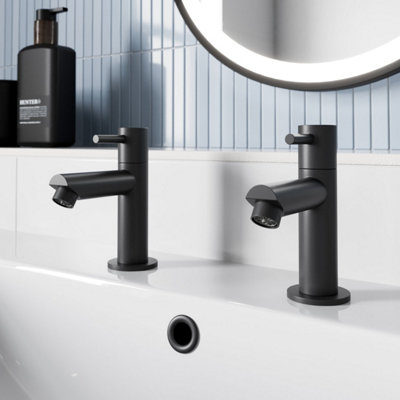 Aveli Basin Sink Pillar Tap Pair Round Single Lever Taps Matt Black