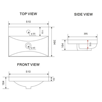 Aveli Bathroom Basin Sink 510mm Ceramic 1 Tap Hole White Gloss Recessed BASIN ONLY