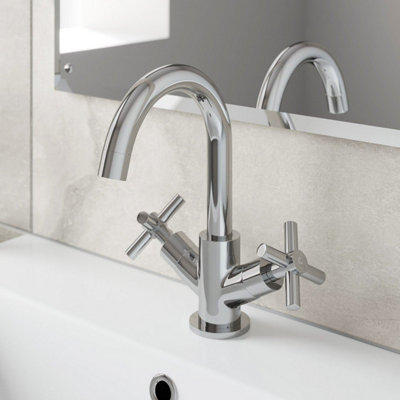 Aveli Bathroom Mono Basin Sink Mixer Tap Modern Cross Head Handle Chrome Curved Spout