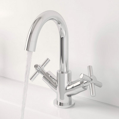 Aveli Bathroom Mono Basin Sink Mixer Tap Modern Cross Head Handle Chrome Curved Spout