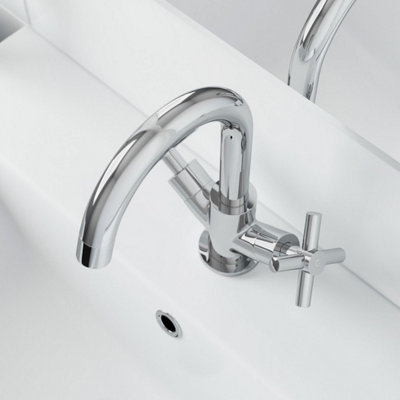 Aveli Bathroom Mono Basin Sink Mixer Tap Modern Cross Head Handle Chrome Curved Spout