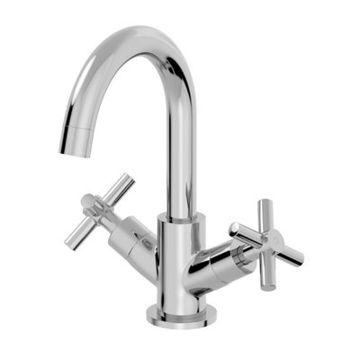 Aveli Bathroom Mono Basin Sink Mixer Tap Modern Cross Head Handle Chrome Curved Spout