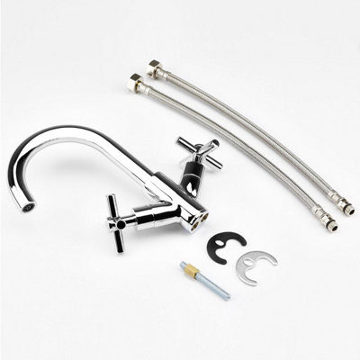 Aveli Bathroom Mono Basin Sink Mixer Tap Modern Cross Head Handle Chrome Curved Spout