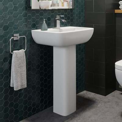 Aveli Ceramic Modern Square Basin Wash Sink Full Pedestal Single Tap Hole Bathroom