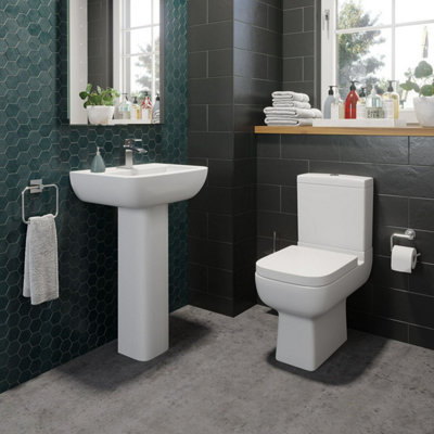 Aveli Ceramic Modern Square Basin Wash Sink Full Pedestal Single Tap Hole Bathroom