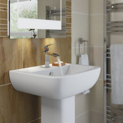 Aveli Ceramic Modern Square Basin Wash Sink Full Pedestal Single Tap Hole Bathroom
