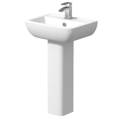 Aveli Ceramic Modern Square Basin Wash Sink Full Pedestal Single Tap Hole Bathroom