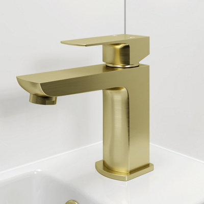 Aveli Cloakroom Basin Mixer Tap & Waste Set Square Mini Single Lever Brushed Brass