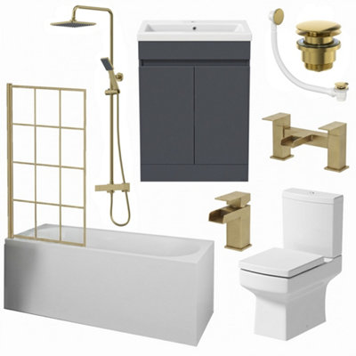 Aveli Complete Bathroom Suite Brass Bath Shower Screen Basin Vanity ...