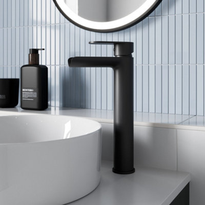 Aveli Matt Black Tall Countertop Basin Mixer Tap Waterfall Modern Bathroom Tap