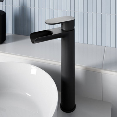 Aveli Matt Black Tall Countertop Basin Mixer Tap Waterfall Modern Bathroom Tap