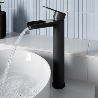 Aveli Matt Black Tall Countertop Basin Mixer Tap Waterfall Modern Bathroom Tap