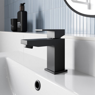 Aveli Mini Cloakroom Basin Mixer Tap & Waste Set - Square Single Lever - Matt Black