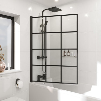 Aveli Square Black Grid Bath Shower Screen Door Hinged 1000mm Framed ...