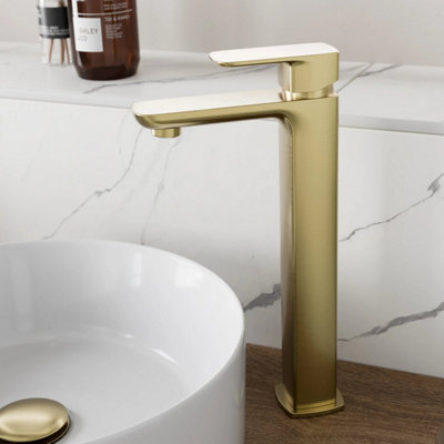 Aveli Tall Basin Mixer Tap - High Rise Countertop Square Single Lever - Brushed Brass