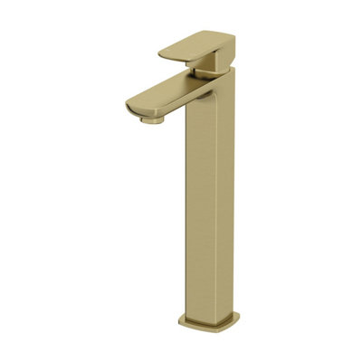 Aveli Tall Basin Mixer Tap - High Rise Countertop Square Single Lever - Brushed Brass