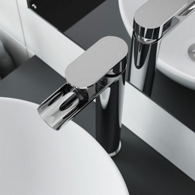 Aveli Tall Countertop Waterfall Basin Mixer Tap Bathroom High Rise Sink ...