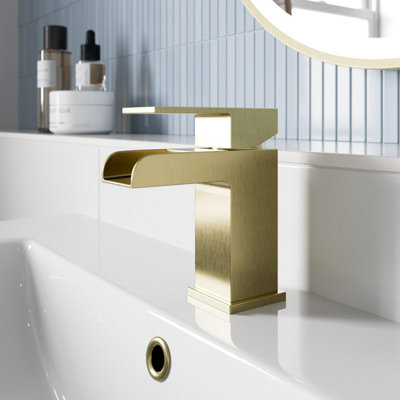 Aveli Waterfall Basin Mixer Tap Square Mono Single Lever Faucet Brushed Brass
