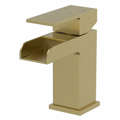 Aveli Waterfall Basin Mixer Tap Square Mono Single Lever Faucet Brushed Brass