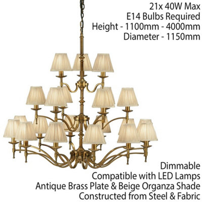 Avery Ceiling Pendant Chandelier Light 21 Lamp Antique Brass & Beige Pleat Shade
