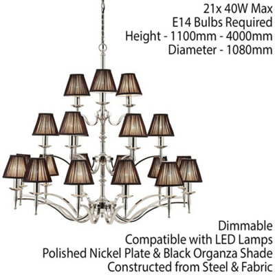 Avery Ceiling Pendant Chandelier Light 21 Lamp Bright Nickel & Black Pleat Shade
