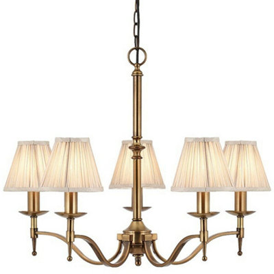 Avery Ceiling Pendant Chandelier Light 5 Lamp Antique Brass & Beige Pleat Shade