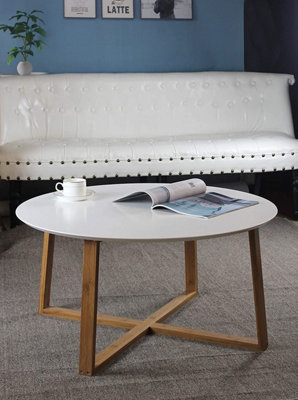 Avery Coffee Table, Wooden Top, Legs (White/Bamboo, 80 Dia x 40 cm)