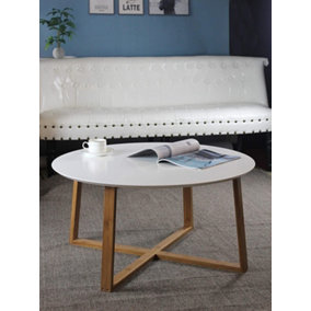 Avery Coffee Table, Wooden Top, Legs (White/Bamboo, 80 Dia x 40 cm)