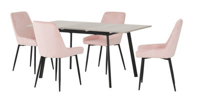 Avery Extending Dining Set  in Grey Oak Effect with Baby Pink Velvet Chairs