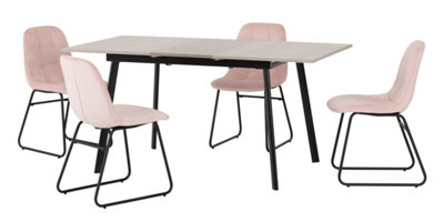 Avery Extending Dining Set in Grey Oak Effect with Lukas Baby Pink Velvet Chairs