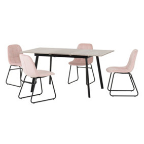 Avery Extending Dining Set in Grey Oak Effect with Lukas Baby Pink Velvet Chairs