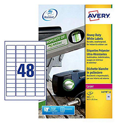 Avery L4778-20 (45.7 x 21.2mm) Extra-Strong Adhesive Heavy Duty ...