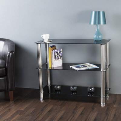 AVF 3-Tier Wide Shelving Unit - Black Glass & Chrome