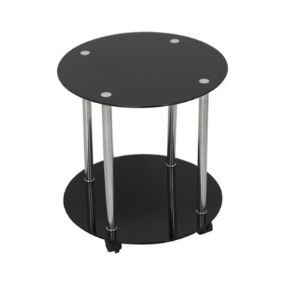 AVF 45cm x 45cm 2-Tier Round Table with Locking Wheels (Black Glass & Chrome)