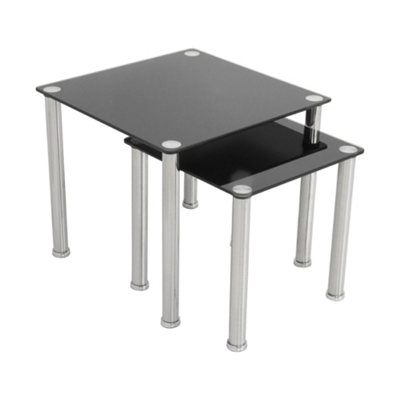 AVF 50cm x 45cm Nesting Side Table Set - Black Glass & Chrome
