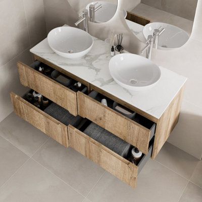 Avora 1200mm Oak White Marble Vanity Unit Double Oval Basin Wall Hung ...