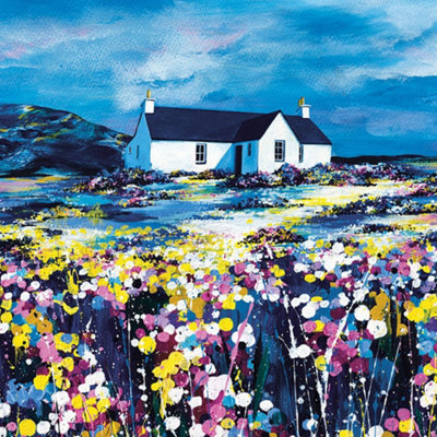 Avril Thomson Smith Rig Cottage Framed Canvas Print Blue/Yellow/White (85cm x 85cm)